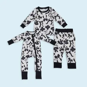 Black bows girls long sleeve pajamas kids sleepwear