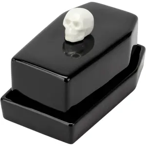 1 count Ceramic Butter Dish with Lid Set, Black Gothic Skull Shape Butter Container Holds for Countertop, Ceramic Gothic Kitchen Utensils Butter Keeper for Table Decor Festivities Party Supplies