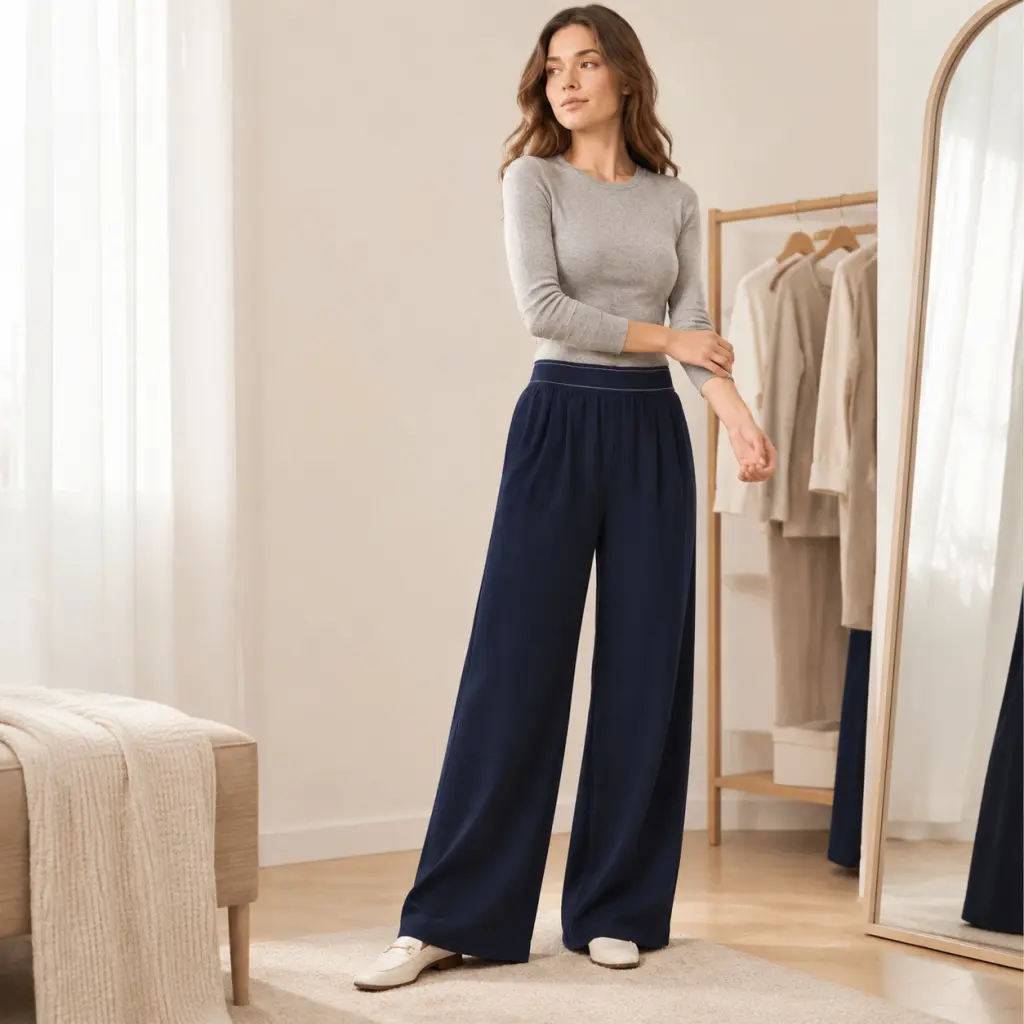 Women's High Waisted Wide Leg Lounge Pants Navy Blue Buttery Soft Wrinkle Resistant Travel Trousers with Pockets