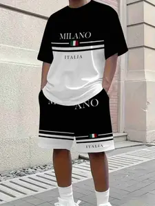Casual Style 3D Print Set, Lightweight Polyester, Round Neck Stretch Fit, Short Sleeve Shorts, Versatile