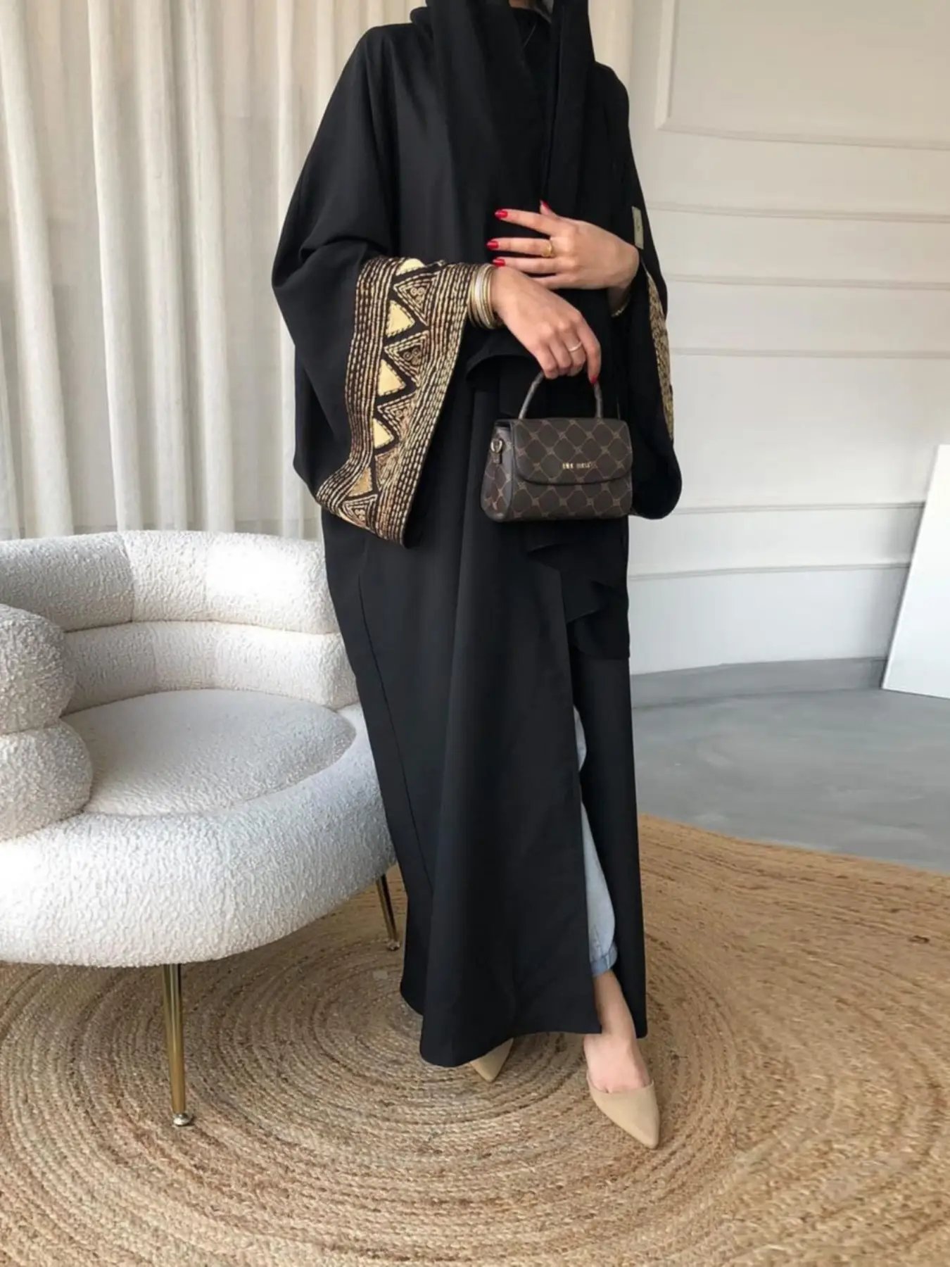 Women's Elegant Geometric Pattern Abaya Dress, Loose-Fit Woven Fabric, Spring & Fall Fashion, Muslim Islamic Clothing