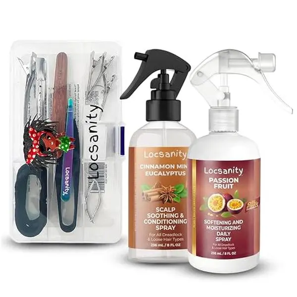 LOCSANITY 3-Piece Loc Retie Kit, Moisturizing & Nourishing Scalp Care Bundle with Passion Fruit & Cinnamon Mint Sprays for Sisterlocks, Vegan