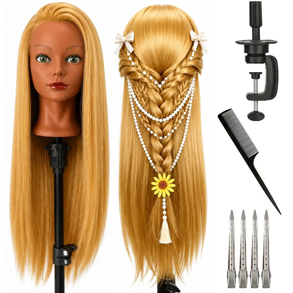 Blonde Mannequin Head with Long Hair, Cosmetology Braiding Practice Training Head, Includes Clamp Stand &   wig  Styling Combs(    excluding decorations)