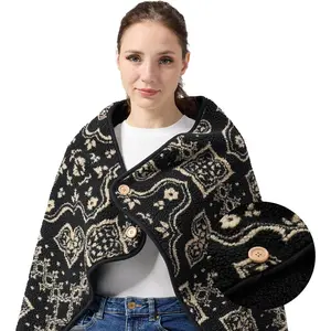 Wearable Blanket for, Boho Fleece Shawl Wrap for Cold Office & AC Room, Cozy Poncho Lap Blanket with Wooden Button, Soft Year-Round Gift for Mom,47x32"& Home Snowflake Grey Pattern