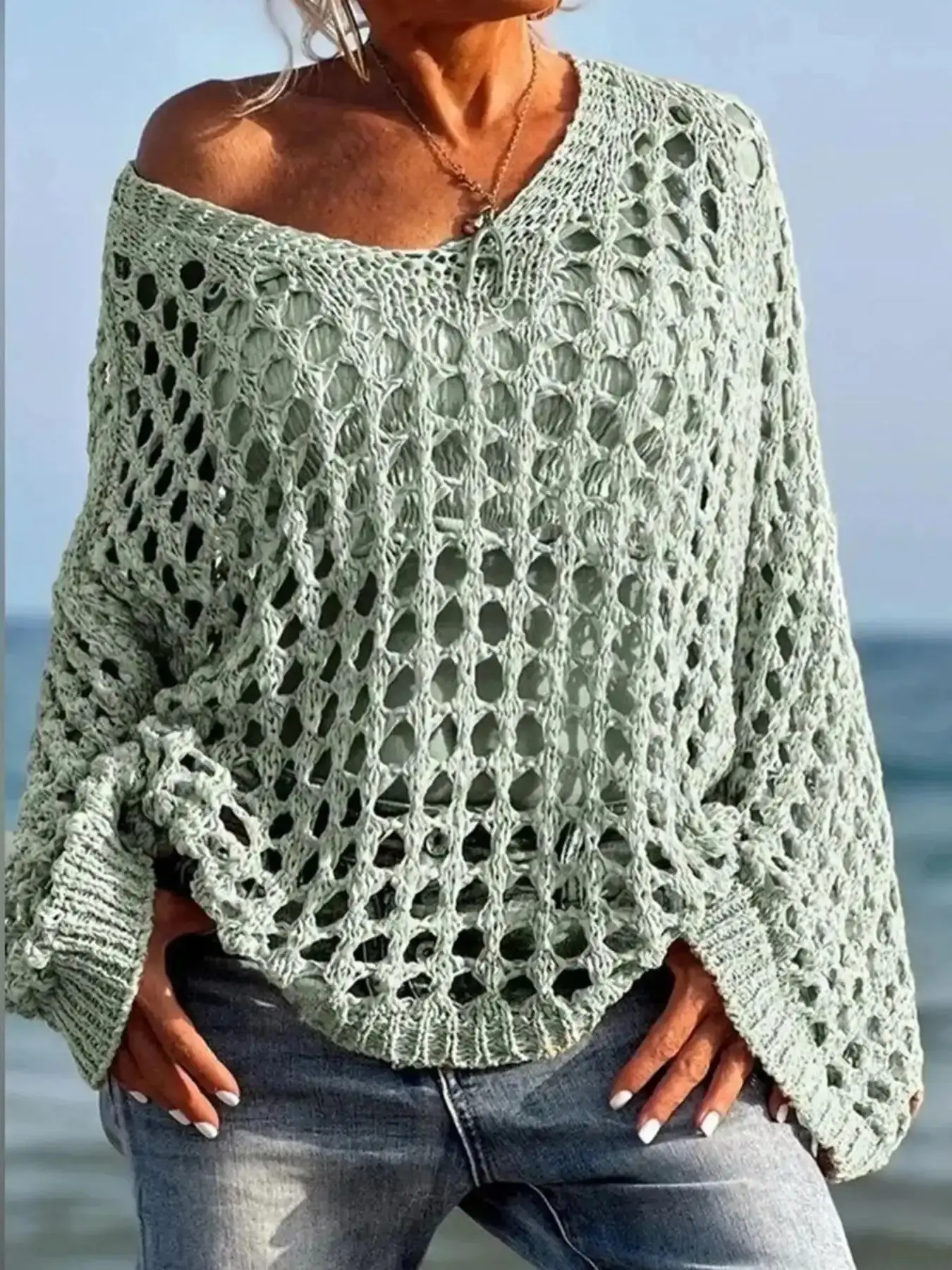 Plus Size Women's Crochet Knit Pullover Sweater, Knitwear, Tops, Long Sleeve, Loose Fit, Oversized, Summer Lightweight, Suitable for Various Occasions, Casual, Knitting dressed up versatile breezy dressed down