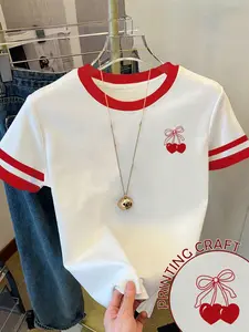 Vintage Cherry Print Round Neck Short Sleeve T-Shirt, Soft and Skin-Friendly, Perfect for Summer Fresh Sweet Girl Style Vibe