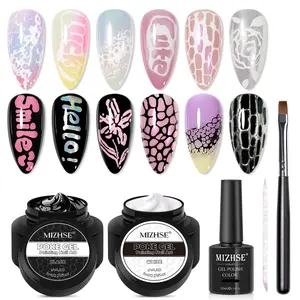 MIZHSE Poke Drawing Gel Nail Art Set | Fine-Line Lace & Letter Gel for Nail Paint DIY with Base Gel & Brush | White-Black / Gold-Silver Options
