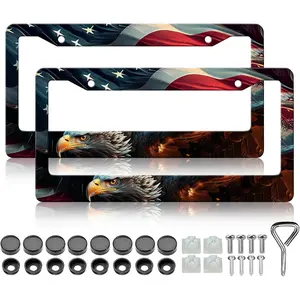 2PCS American Flag Eagle License Plate Frames Patriotic US Flag License Plate Holder Stainless Steel Auto Parts Rust-Proof Waterproof Car Decorative Tag Frame for Standard US 12x6 Inch