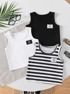 Baby boy clothes, Clothing, T-shirt, black and white solid color+striped vest three piece set, personalized label decoration, Valentine's Day gift, suitable for daily home, outdoor play, baby clearance sale