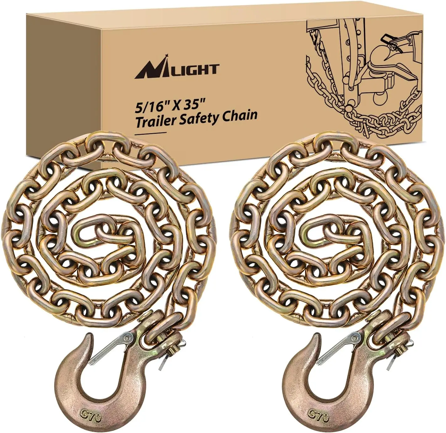Nilight G70 Grade Heavy Duty Chain, 2pcs 5/16"x35 Inches Alloy Steel Trailer Safety Chains, 2 Forged Clevis Snap Hooks, 4700 lbs Working Load, 18800 lbs Break Strength, Easy to Use for Trailer, Boat Towing Safety
