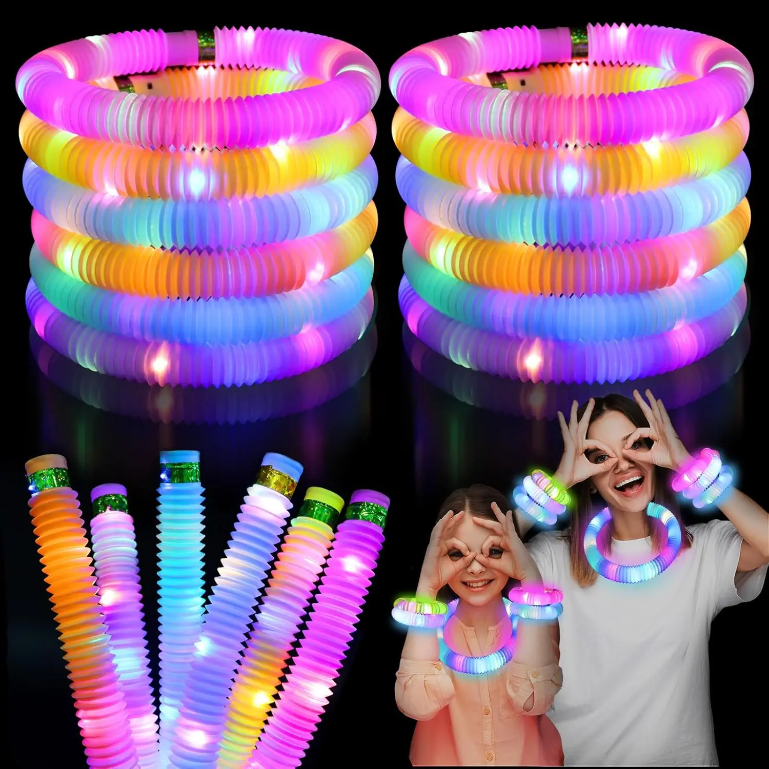 12-Pack Glow Bracelets & Necklaces, Light Up Plastic Pop Tubes, Sensory Fidget Toys for Toddler Party Favors, Birthday Gifts & Decoration, Goody Bag Stuffers