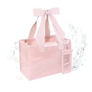 Pink Bow Design Beach Tote Bag for Women Extra Large Waterproof Sandproof Secure Inner Zipper Pocket for Swim Vacation