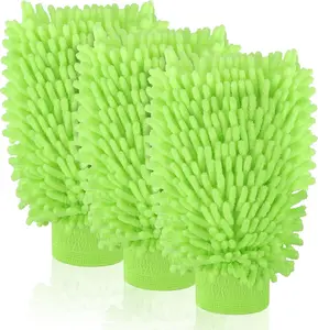 3 Pack Chenille Microfiber Car Wash Mitt, 7" x 9.6" Car Washing Mitts, Home Dusting Gloves, Scratch Free Lint-Free, Highly Absorbent, Double Sided, for Cleaning Detailing Polish (Green)