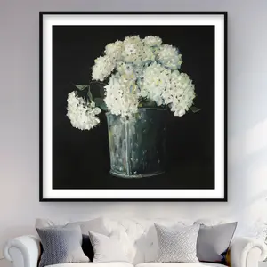 212 MAIN Framed Matted White Hydrangea Flower Art Illustration Print - 48x48 in Modern Floral Painting, Artistic Home Decor for Room Wall & Kitchen, Ideal Gift