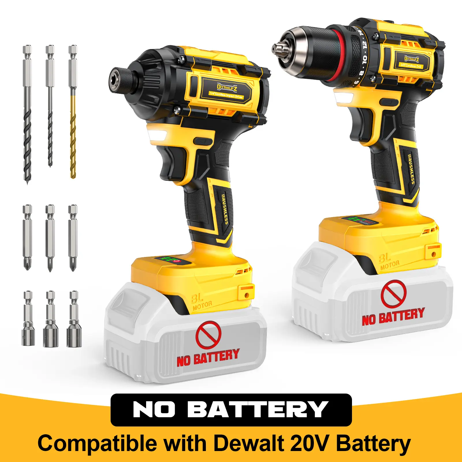 Cordless Drill and Impact Driver Combo Kit Compatible with DeWalt/Milwaukee Battery(NO BATTERY!!), Brushless 1/4" Driver and 3/8" Power Drill with LED Light backtoschool
