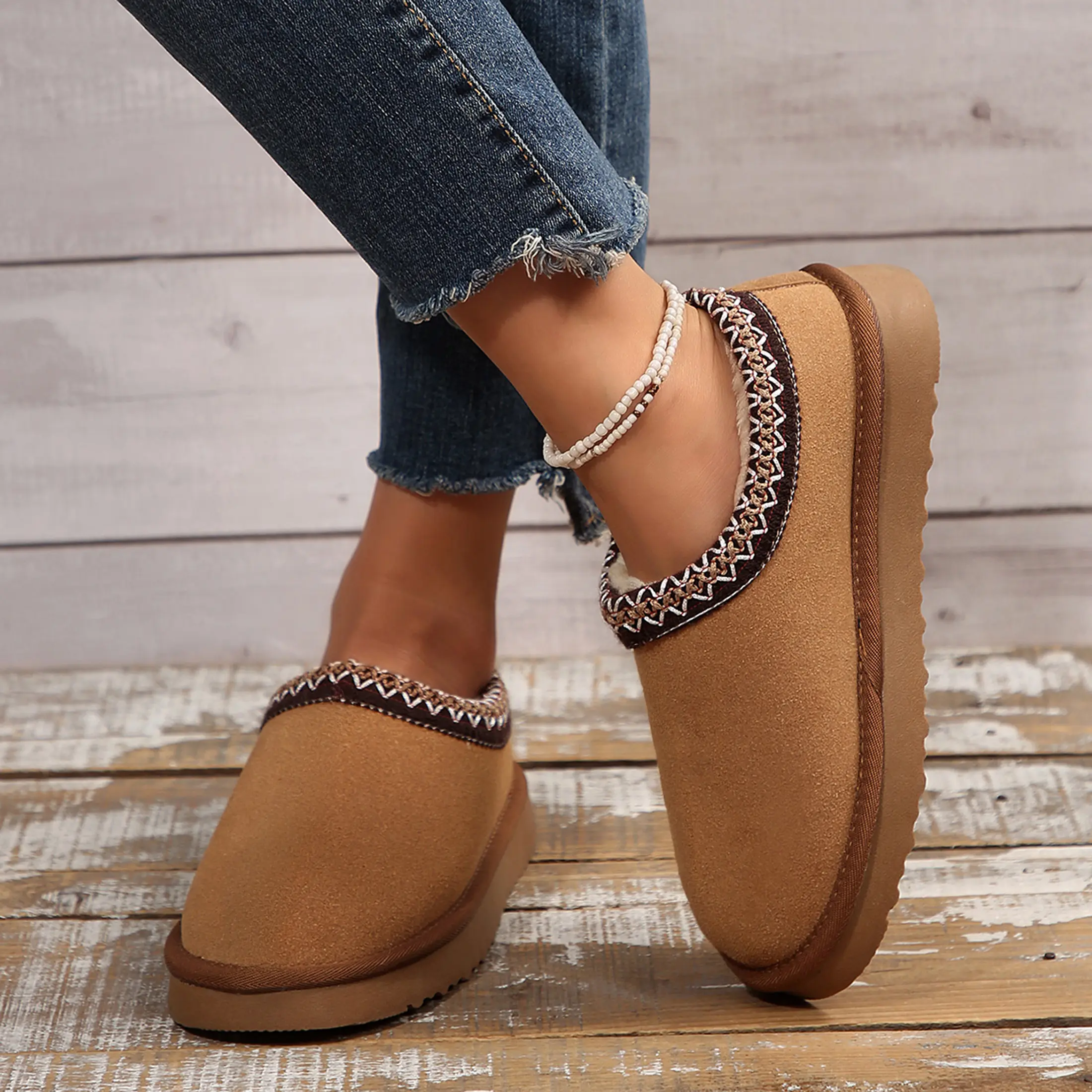 Platform Suede Slippers Mini Boots for Women Fleece Lined Boots Ankle Boots Slip-On Snow Platform Slippers for Outdoor Footwear Walking Shoes Flatform