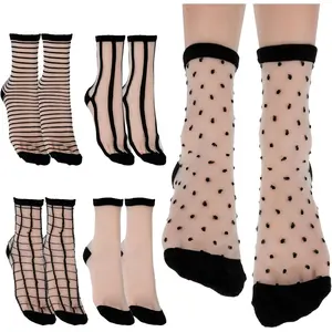 5Pairs Sheer Ankle Socks Black See Through Socks Striped Plaid Dot Cute Transparent Socks for Women