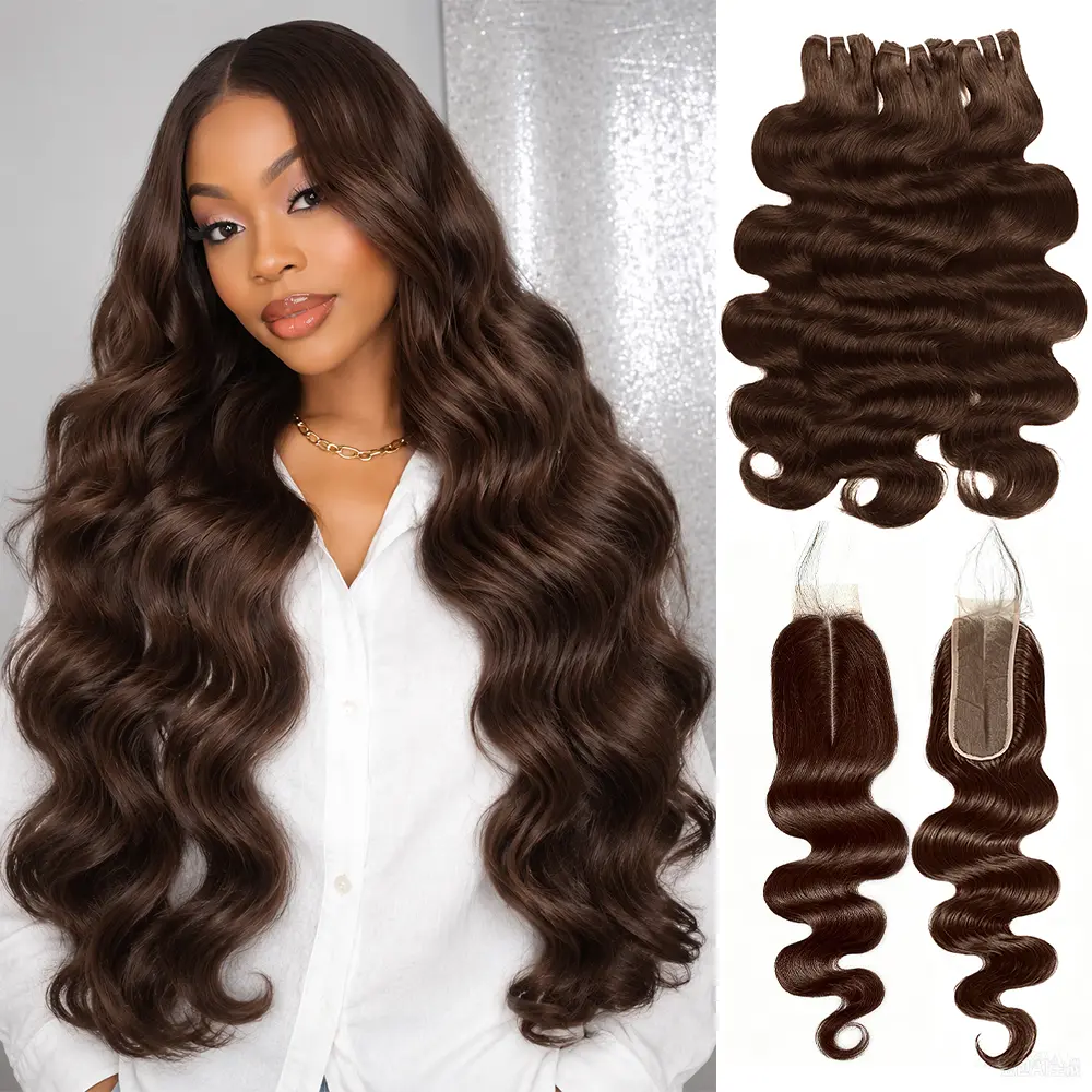 #4 Brown 2x6 Closure with Body Wave Bundles Brazilian Human Hair Bundles with Lace Closure 100g/ Bundle Chocolate Brown Remy Hair Extensions For Women