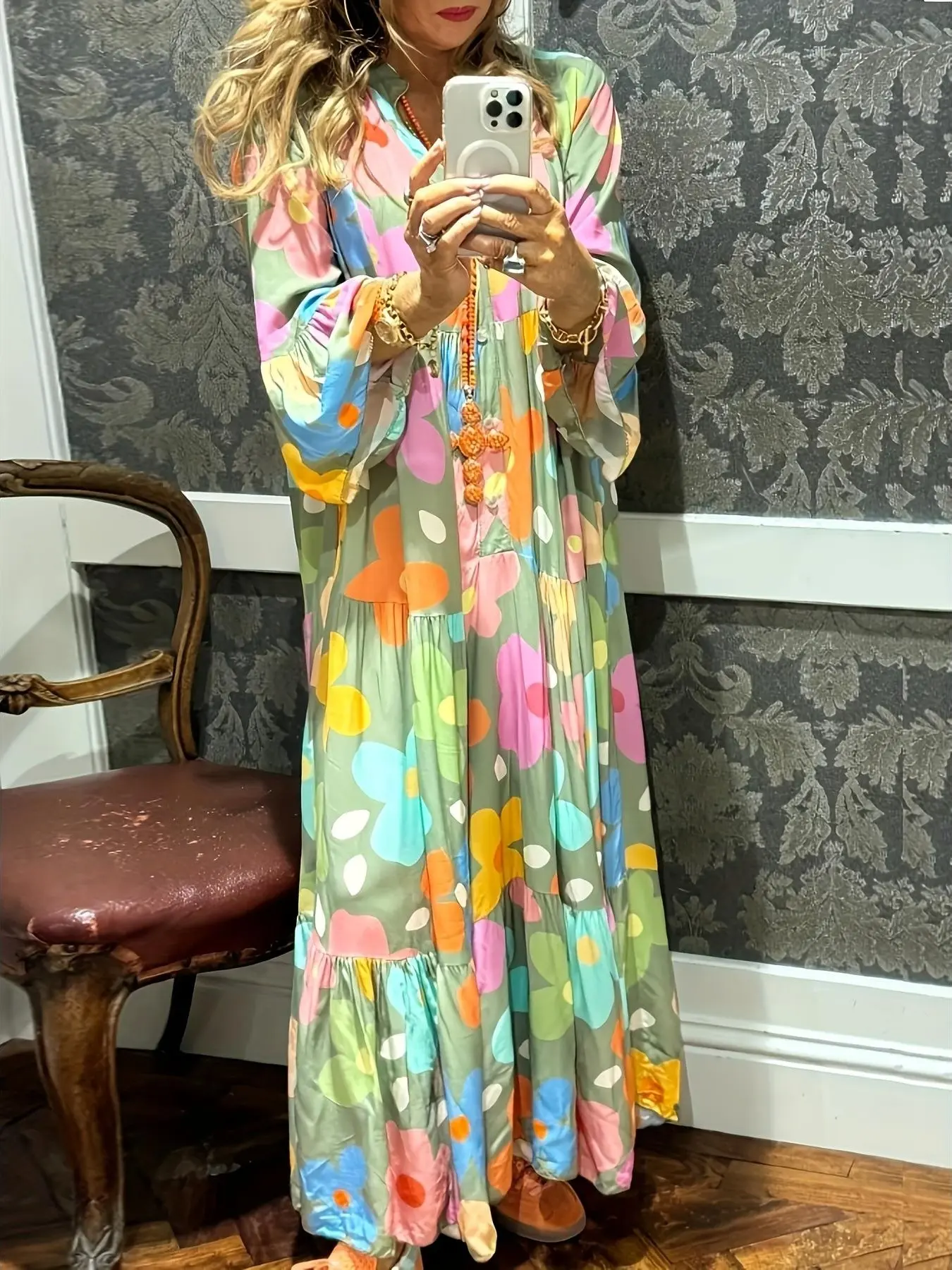 Women's Bohemian Floral Print Maxi Dress - V-Neck Button Front, Loose Fit, Flared Ruffle Sleeves, Soft Breathable Lightweight Comfortable Fabric, Beach Vibe Casual Wear for Holiday, Maxi Dress for Women Boho