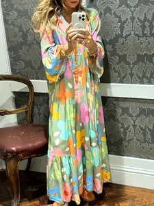 Women's Bohemian Floral Print Maxi Dress - V-Neck Button Front, Loose Fit, Flared Ruffle Sleeves, Soft Breathable Lightweight Comfortable Fabric, Beach Vibe Casual Wear for Holiday, Maxi Dress for Women Boho