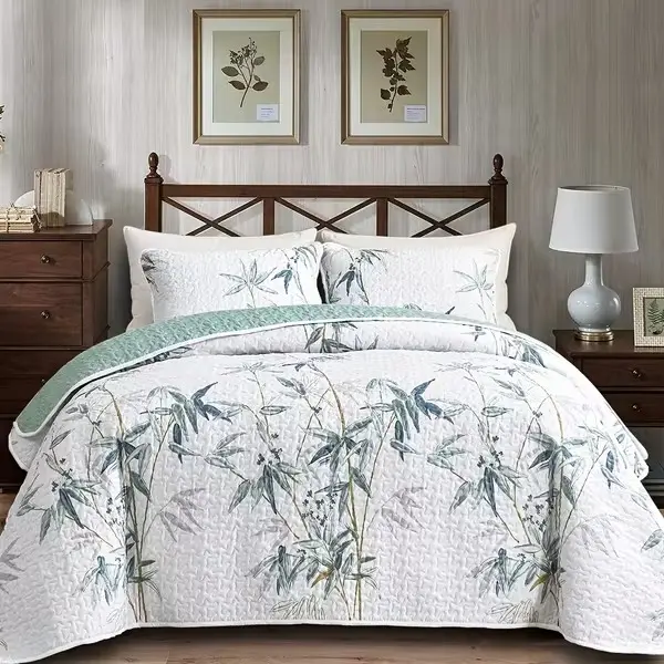 2/3pcs Quilt Set Comforter Queen King Twin Full Size, Reversible Patchwork Bedspread Bedding with Pillow Sham, Lightweight Breathable Blanket White Green Botanical Bamboo Color, Winter Spring Summer Autumn Bed Set