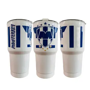 Liga MX 30oz Tumbler stainless steel Rayados de Monterrey Cup. Colors silver and white. Termo Rayados