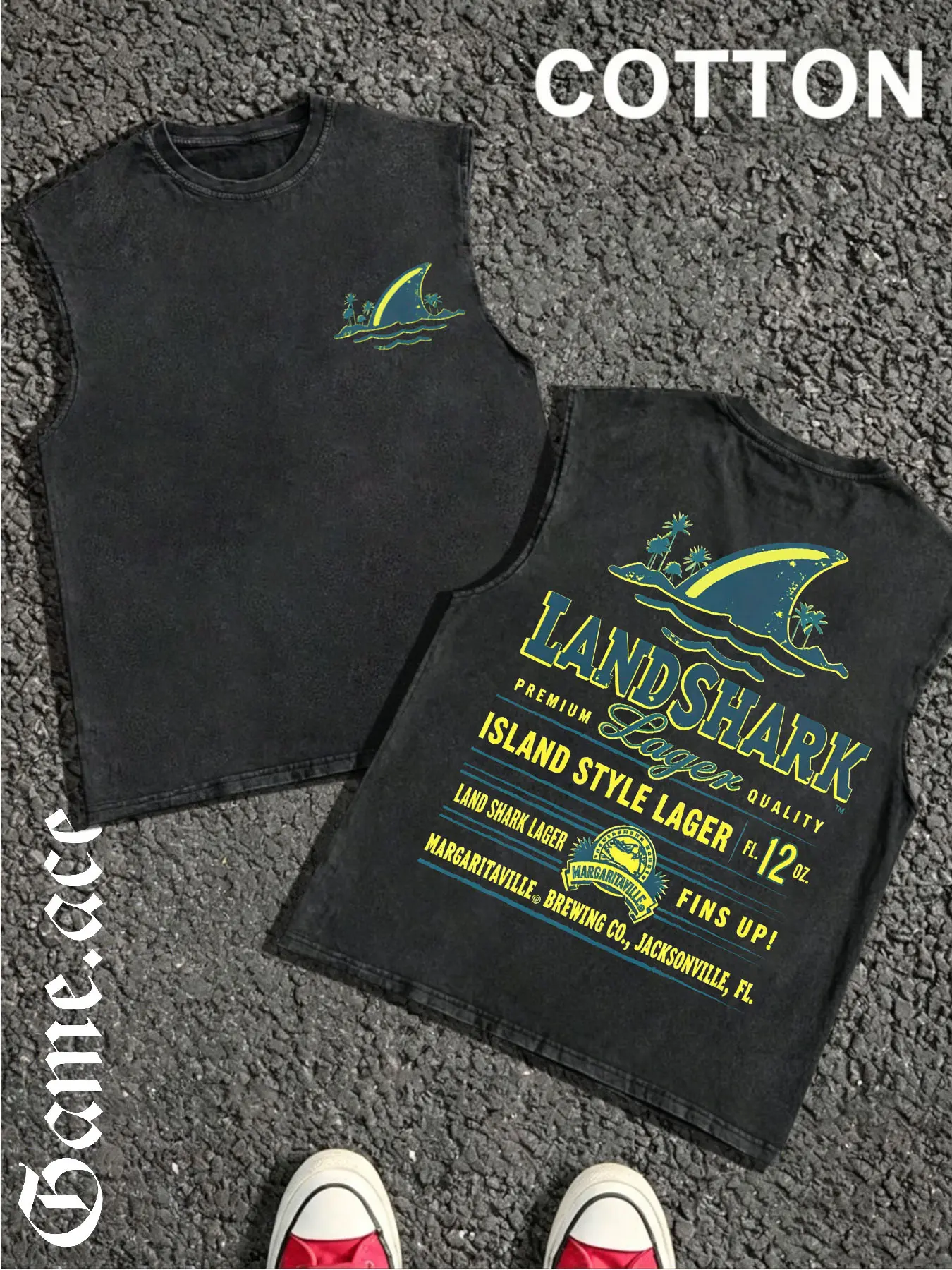 1 PCS Landshark Lager Shark Fin Palm Tree Front & Back Vintage Beer Graphic Print, Retro Coastal Beach Streetwear, 100% Cotton Breathable Unisex Tank for Summer Vacation & Beach Casual Wear