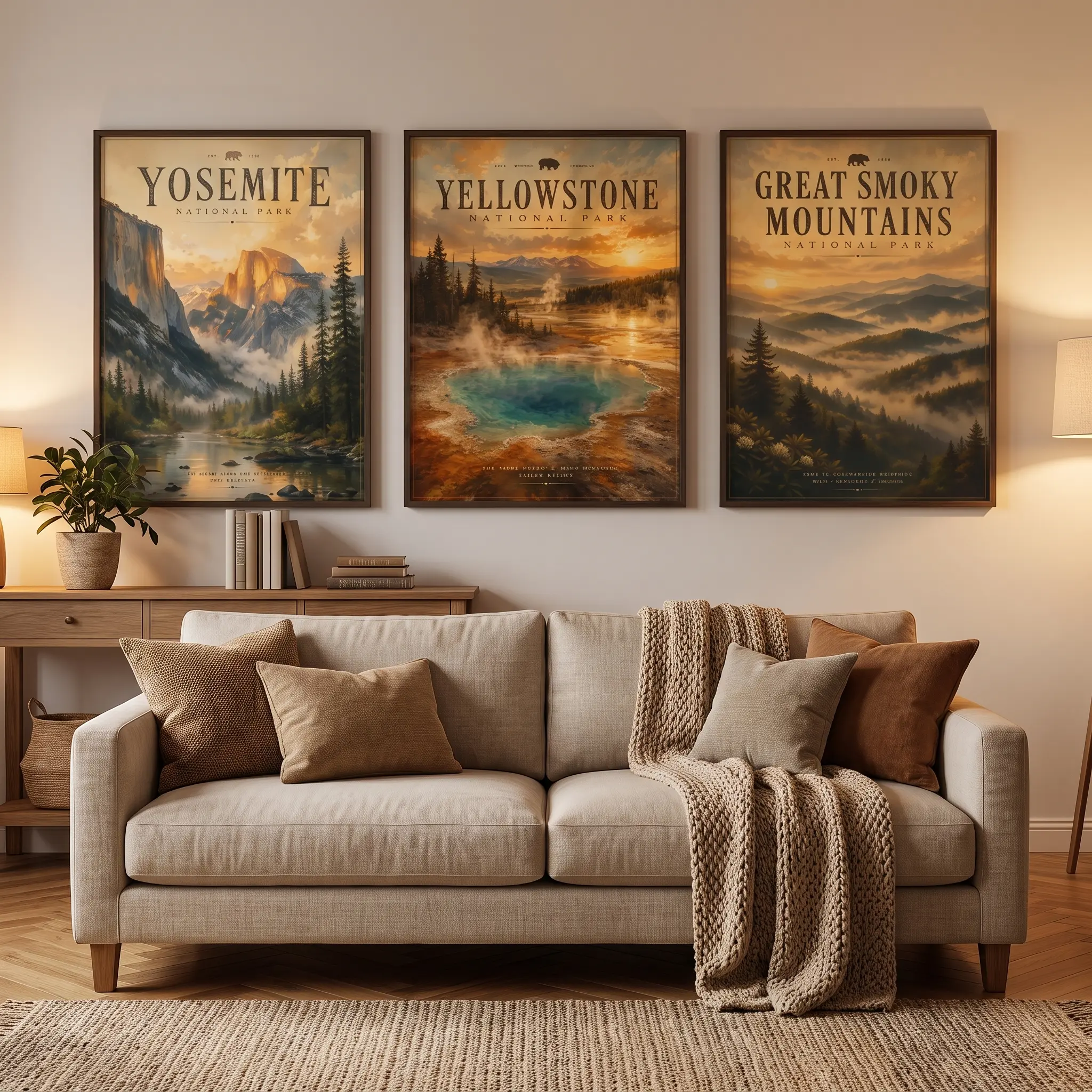 Set of 3 Glossy Vintage Posters | Yosemite, Yellowstone, Smoky Mountains Wall Art