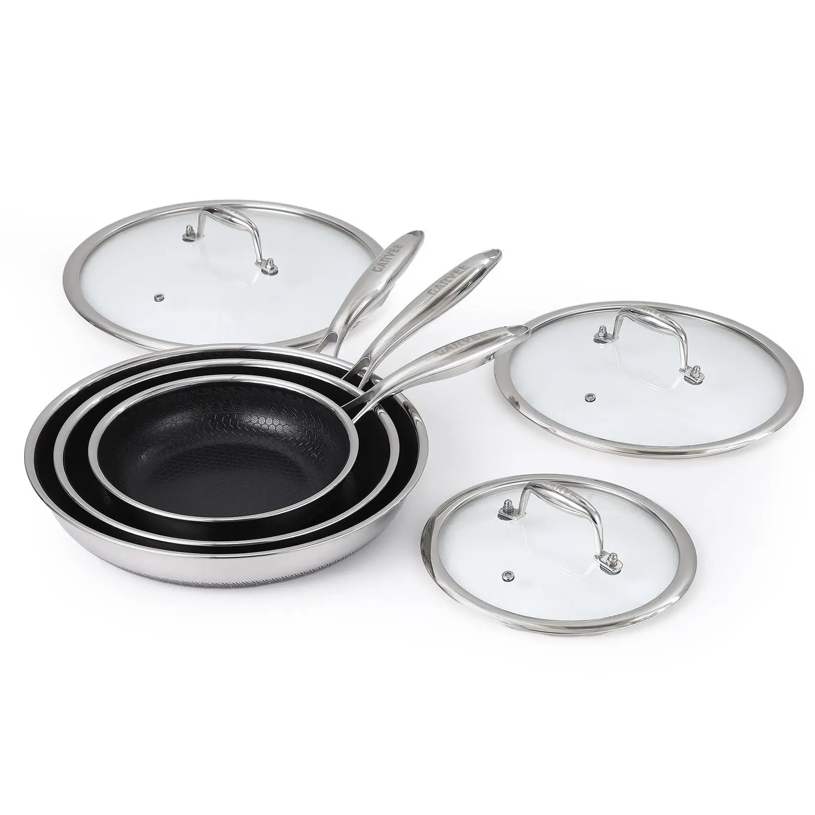 Garvee Multi-Size 6-Piece Tri-Ply Stainless Steel Nonstick Frying Pan Set with Tempered Glass Lids, Stay-Cool Handles - Induction Compatible, Dishwasher & Oven Safe for Family Meals, All Cooktops