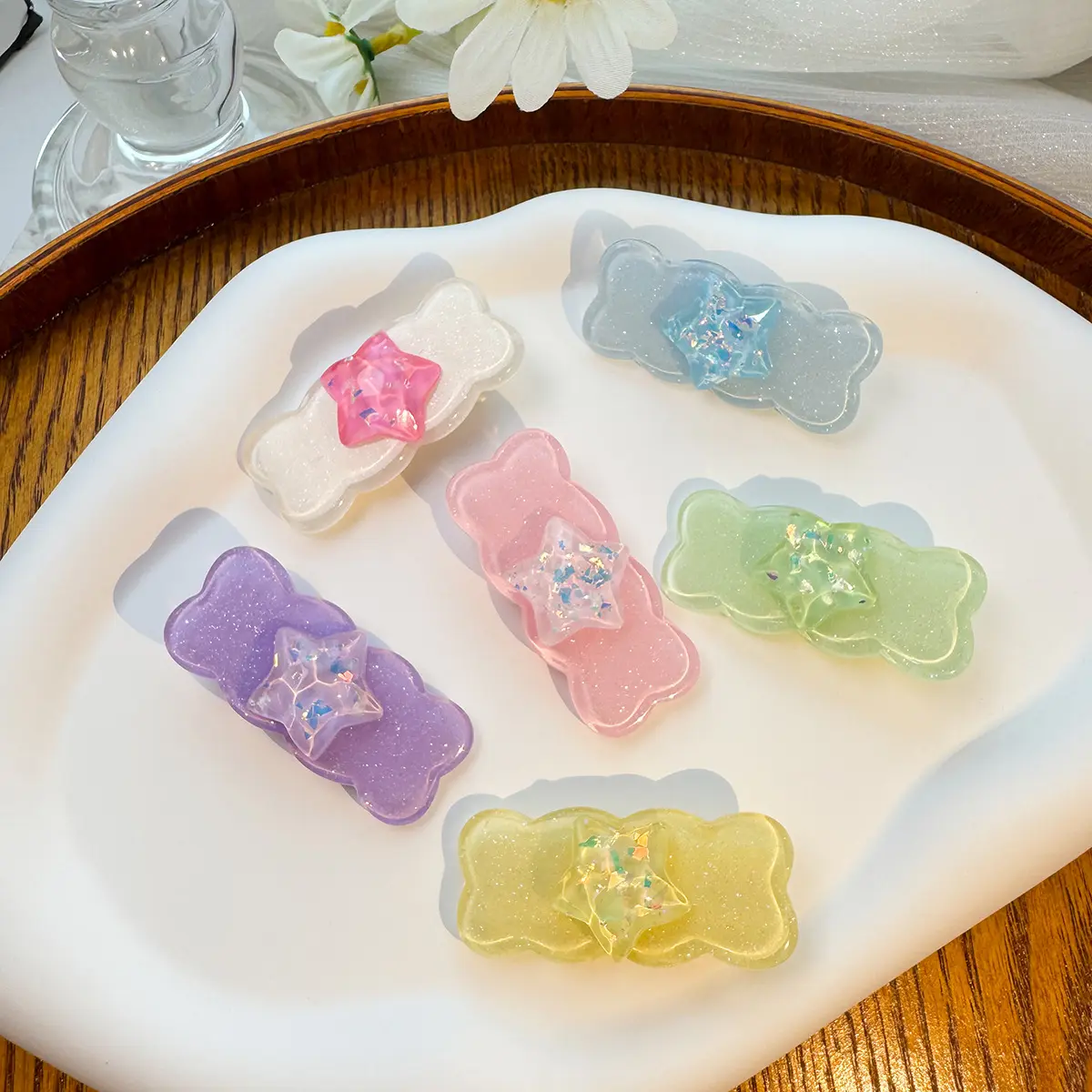 7 Pack Dopamine Summer Glitter Transparent Star Alligator Hair Clips for Girls Women, Cute Wavy Square Bang Side Barrettes, Shiny Ice Clear Dainty Hair Accessories, Non-slip Fringe Hair Pins Ideal Gift for Kids Teen Daily Beach School Party Hairstyle