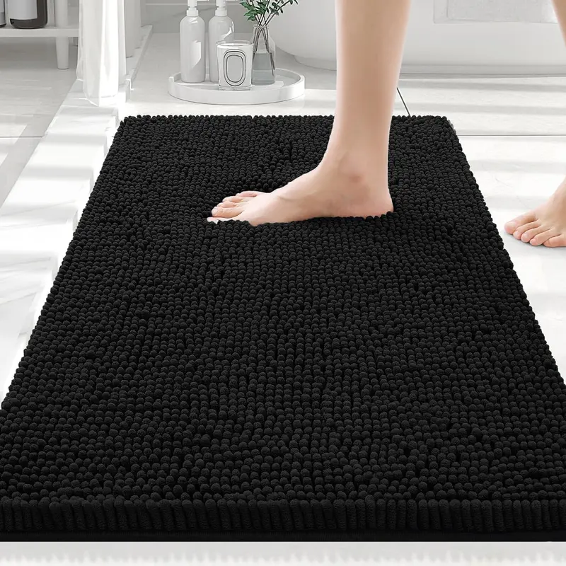 Luxury Chenille Bathroom Rugs 30x20, Extra Soft and Absorbent Non-Slip Plush Carpet Runner for Tub, Shower, and Floor, Home Decor Accessories, Black