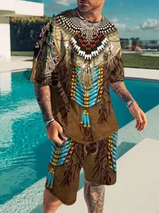Men's Summer Casual Fitted Set, Digital Print Ethnic Style, 2 Piece Short Sleeve T-Shirt and Track Shorts, Geometric Pattern