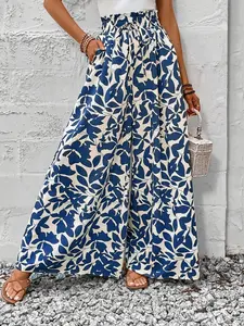 Women's Casual Boho Bohemian High-Waisted Wide-Leg Pants, Floral Solid Long Palazzo Pants, Comfortable Beach Pants with Pockets, Summer Fashion, Casual Bohemian Trousers