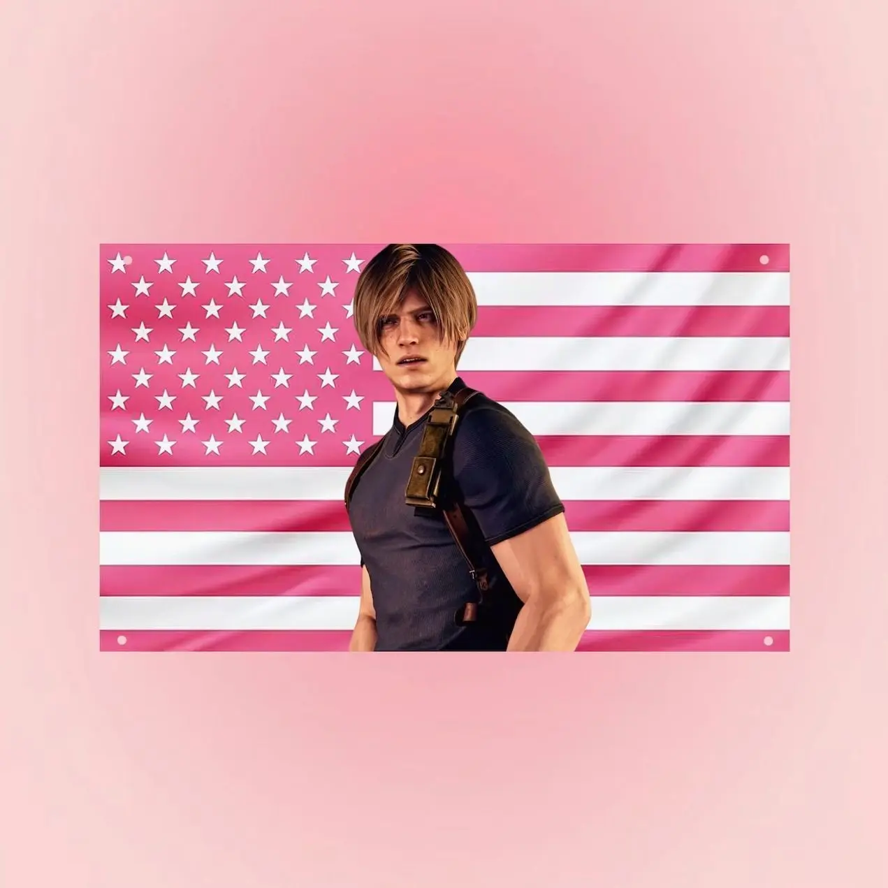 Leon Kennedy Pink American Flag Tapestry – Resident Evil Wall Art | Gaming Room Decor | Survival Horror Fan Flag Banner
