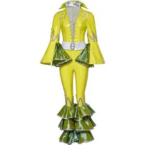 Womens Mamma Mia Jumpsuit 1970s Dancing Disco Costume Yellow