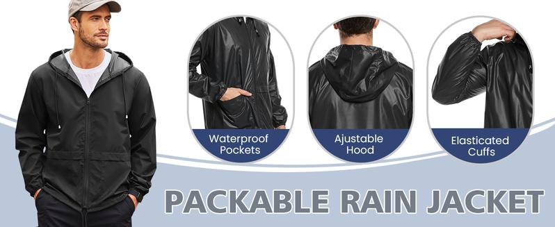 COOFANDY Men's Packable Jacket Outdoor Waterproof Hooded Lightweight Classic Cycling Raincoat for Hiking/Outdoor/Camping Fabric Menswear Zipper Breathable Relaxed Fit Long Sleeve Tops Athletic Outerwear Activewear Blazer