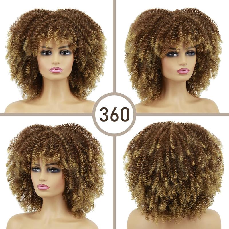 Xinran Blonde Curly Afro Wigs for Black Women, Blonde Kinky Curly Wig With Bangs, Synthetic Heat Resistant Fiber Afro Blonde Curly Wig for Daily Use