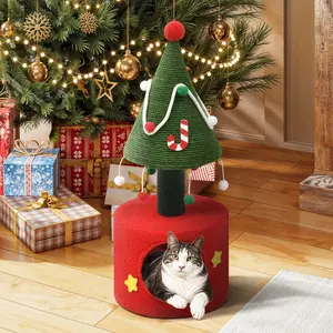 Christmas Cat Tree with Cat Scratching Post, Cat House Tree with Condo & Hanging Ball, Green+Red