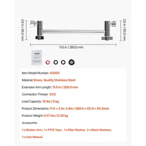 VEVOR Shower Head Extension Arm, 11 Inches, Brass Shower Arm Extender with Flexible Adjustable Angle Height, Chrome Finish, G1/2 Universal Thread Connector Compatible, for Rain Handheld Showerhead
