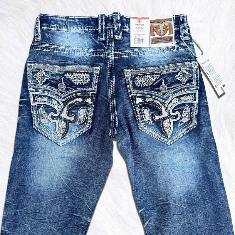 Rock Revival Blue Straight Leg Jeans for Men – Western Cowboy Embroidered Denim – Heavy Stitch Back Pocket – Y2K Street Style Jeans – Premium Vintage Wash