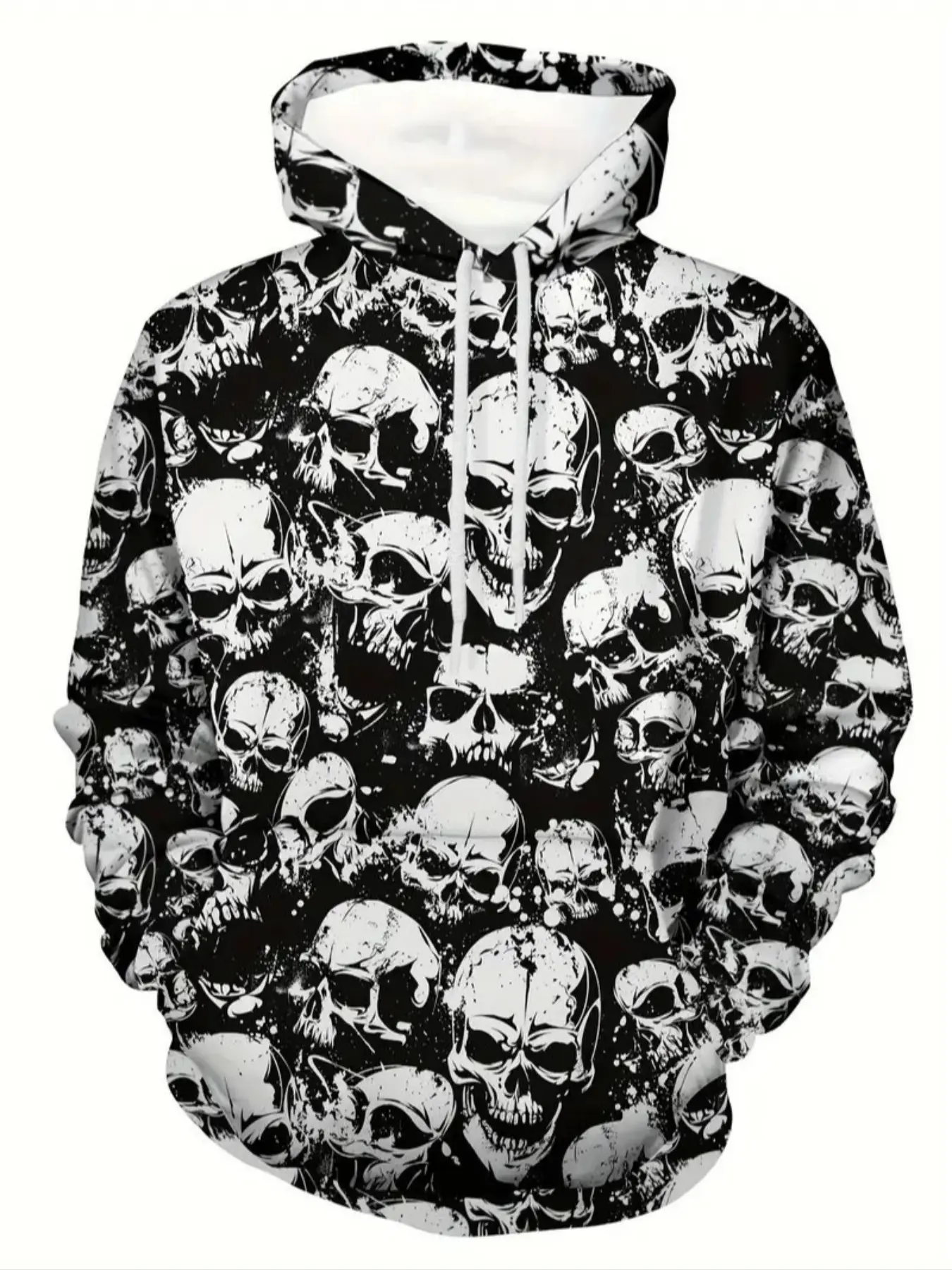 Men's Skull Print Fitted Classic Heavy Hoodie, Sweatshirts, Full Body Design, Long Sleeve Pullover, Casual Streetwear, Fall/winter Fashion, Pockets