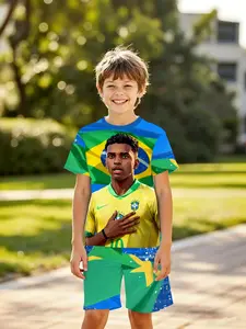 Boys' Fashion Outdoor Sports Summer Football Star Samba Glory Printed Short Sleeve Shorts Set, Casual Fitted Two-Piece