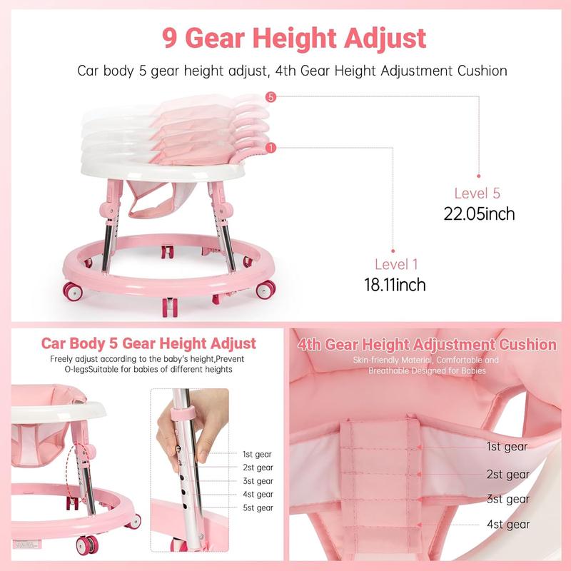Baby Walker Foldable with 9 Adjustable Heights, Baby Walkers and Activity Center for Boys Girls Babies 7-18 Months, Baby Walker with Wheels Portable