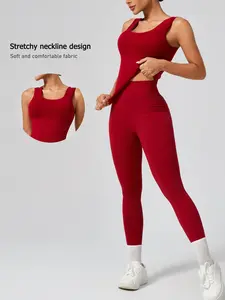 Women's Sporty Sleeveless Crop Top & High Waist Leggings Set, Athletic Fashion Activewear, Athletic Style Activewear, Tight-Fitting Gym Yoga, Breathable Comfortable All-Season Wear