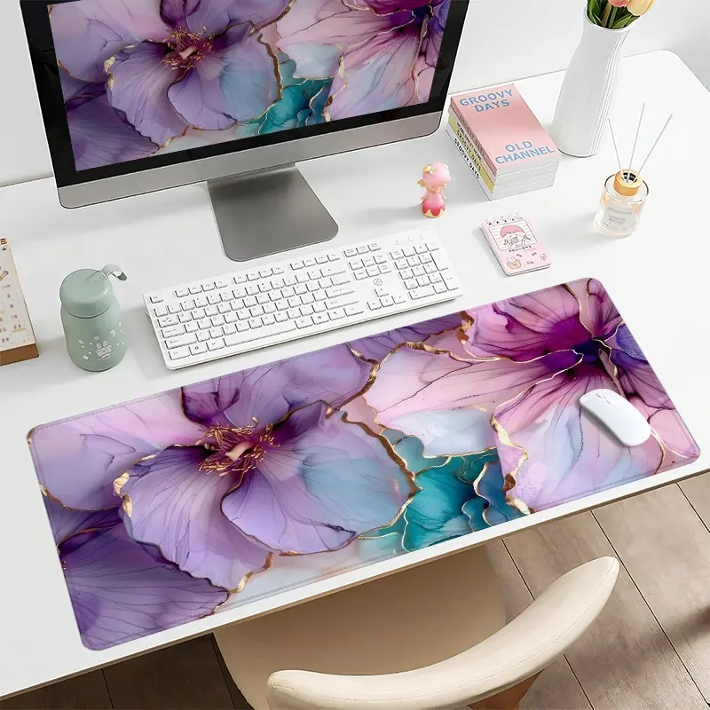 1pc Extra Large Purple Floral Gold Accent Mouse Pad for Laptop Elegant Gaming Desk Pad,Computer Keyboard Mousepad with Non - Slip Rubber Base Durable Stitched Edge Perfect Gift for Home and Office Desktop Accessory
