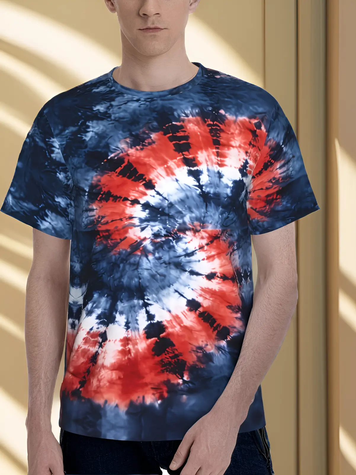 3D Digital Tie-Dye Pattern Print Men'S Graphic T-Shirt, Vibrant Deep Blue Bright Red White Spiral Artistic Design, Casual Comfy Short Sleeve Pullover Tops, Men'S Summer Fashion Clothing