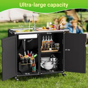 Outdoor Rolling Table Car, Solid Wood Outdoor Kitchen Island with Bar Sink, Kitchen Faucet, Locker and Practical Sink - Perfect for Pizza Prep & BBQ Accessories