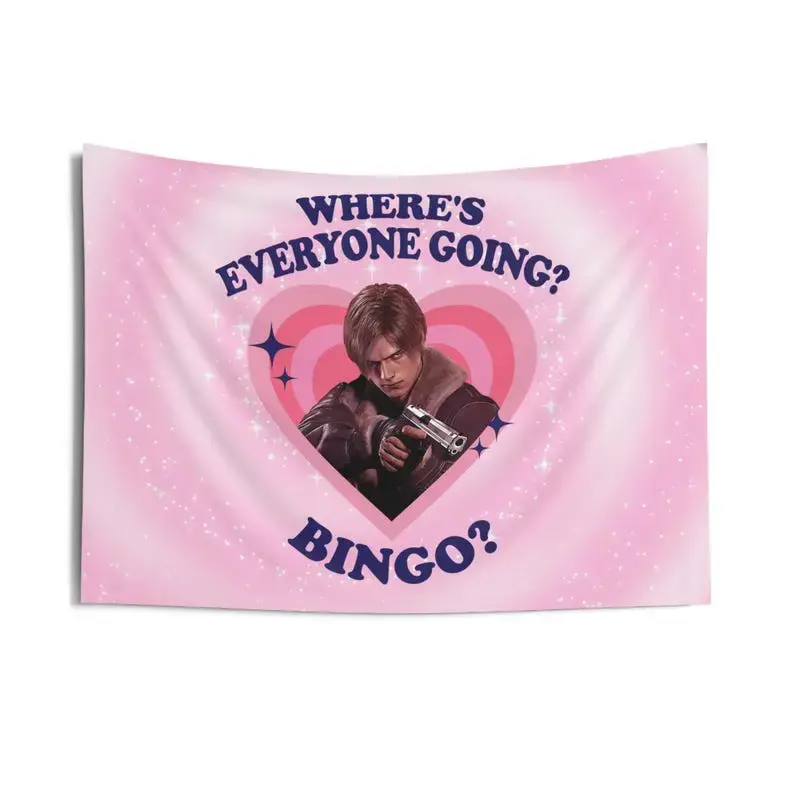 Leon Kennedy Where's Everyone Going? Bingo? , Leon S. Kennedy Indoor Wall Tapestries, Leon Kennedy RE9 Flag-room decor home accessories