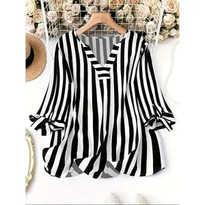 Striped V-Neck Shirt, Elegant 3/4 Sleeve Tie Cuff Top, Suitable for Autumn, Women’s Clothing with Lace Collar