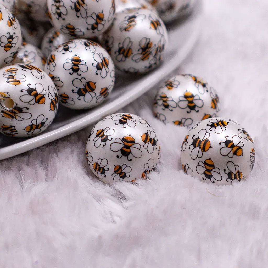 20mm Bumble Bees Print Acrylic Bubblegum Beads [10 Count]